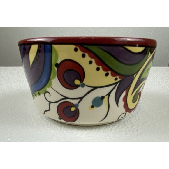 Corsica Kingston Handcrafted Red Trim Ceramic Colorful Paisley Bowl 3" X 3.75" - Picture 9 of 9